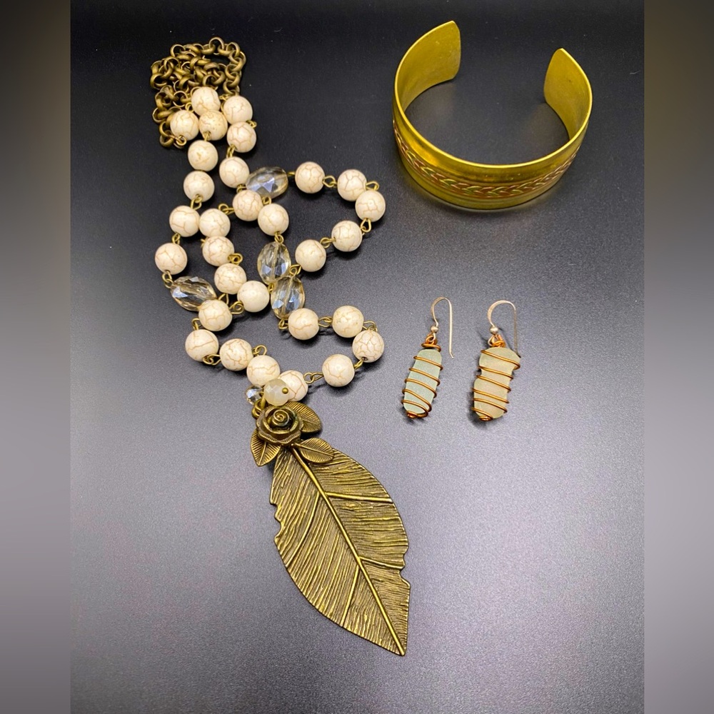 Beaded Boho 18” Necklace-Vintage Brass Copper Bangle + Earrings Bundle Deal